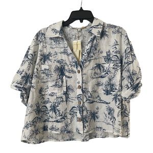 C&C California Blue & Cream Floral Print Linen Crop Button-Up